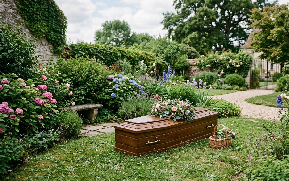 Image d'un cercueil dans un jardin avec un panier de fleurs